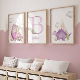 Set Of 3 Dinosaur Prints, Girls Bedroom, Girl Nursery Prints Decor, Girls Wall Art, Girls Prints, Girl Bedroom Prints, Dinosaurs - thumbnail 2