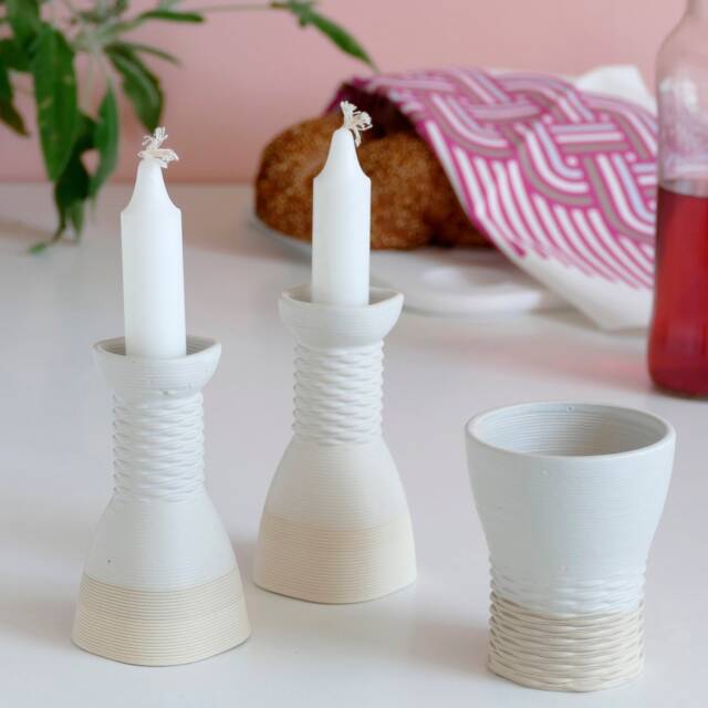 3D Printed Clay Shabbat Set, Kiddush Cup & Candlesticks, Weaving Pattern, Handmade in Israel - image 1