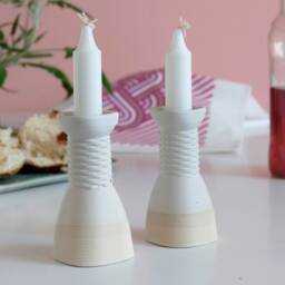 3D Printed Clay Shabbat Set, Kiddush Cup & Candlesticks, Weaving Pattern, Handmade in Israel - thumbnail 2