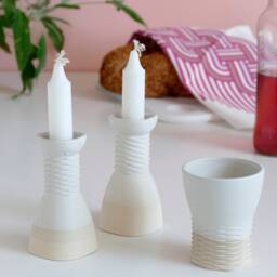 3D Printed Clay Shabbat Set, Kiddush Cup & Candlesticks, Weaving Pattern, Handmade in Israel - thumbnail 1