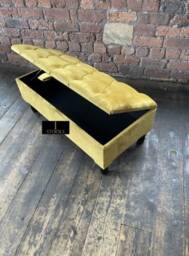 Mustard Gold Velvet Chesterfield Ottoman Bench, Handmade Storage Trunk - thumbnail 2