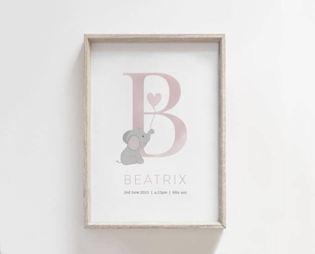 Personalised Name Pink Grey Elephant Print, Baby Boy, Nursery Prints, Girls Bedroom, Christening Gift, Gender Neutral Nursery, Wall Art - image 1