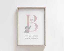 Personalised Name Pink Grey Elephant Print, Baby Boy, Nursery Prints, Girls Bedroom, Christening Gift, Gender Neutral Nursery, Wall Art - thumbnail 1