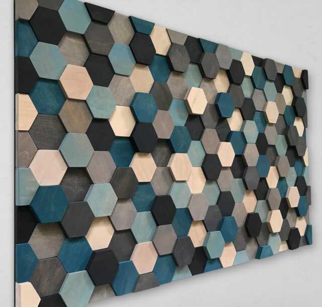 Honeycomb Wood Wall Art - Reclaimed Pine, Grey & Blue Shades - image 1