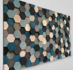 Honeycomb Wood Wall Art - Reclaimed Pine, Grey & Blue Shades
