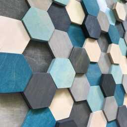 Honeycomb Wood Wall Art - Reclaimed Pine, Grey & Blue Shades - thumbnail 4