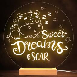 Kids Cute Baby Hippo Sleeping Round Name Personalised Gift Lamp Night Light - thumbnail 1