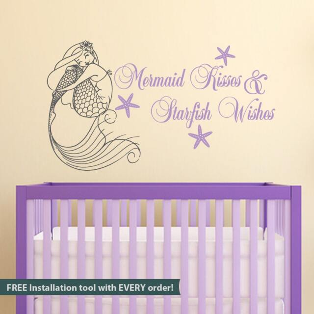 Mermaid Kisses & Starfish Wishes Wall Decal - Girls Bedroom Decor - image 1