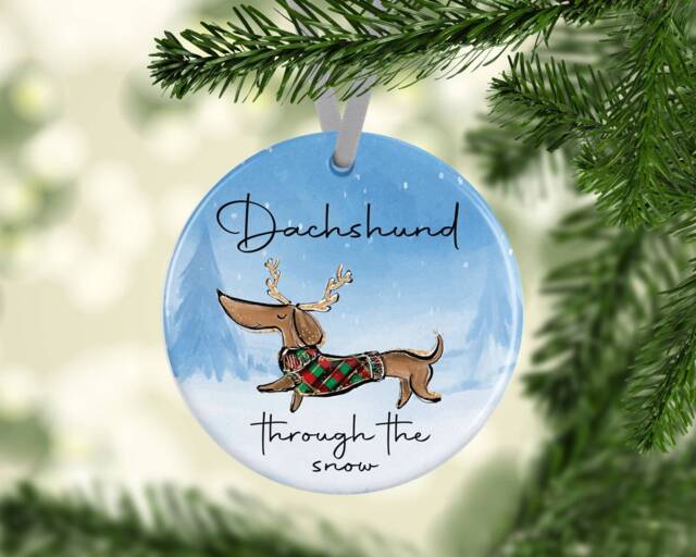 Dachshund Through The Snow Ceramic Ornament. Christmas Tree Decoration, Eve Box - image 1