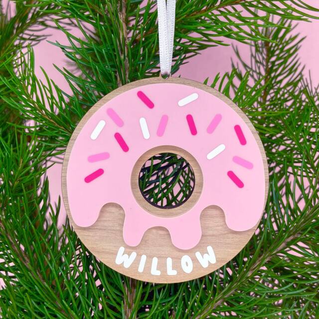 Personalised Doughnut Christmas Tree Decoration - Handmade Bespoke Fun Quirky Pink Acrylic Wooden Baubles Unique Theme Colourful - image 1