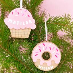 Personalised Doughnut Christmas Tree Decoration - Handmade Bespoke Fun Quirky Pink Acrylic Wooden Baubles Unique Theme Colourful - thumbnail 2