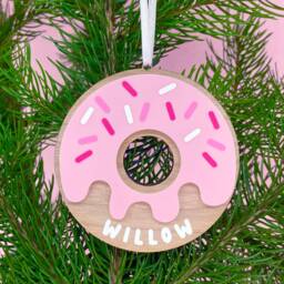 Personalised Doughnut Christmas Tree Decoration - Handmade Bespoke Fun Quirky Pink Acrylic Wooden Baubles Unique Theme Colourful