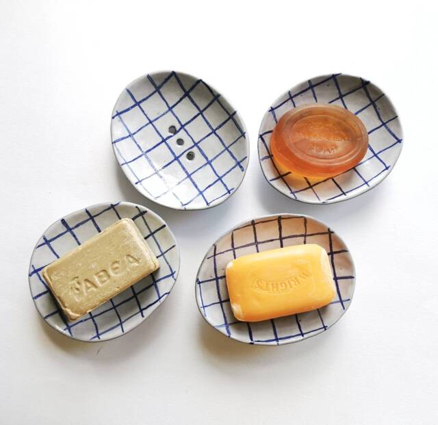 Handmade Ceramic Soap Dish Blue White Grid, Coastal Bathroom Accessory - image 1
