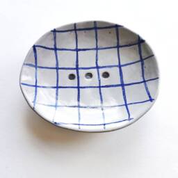 Handmade Ceramic Soap Dish Blue White Grid, Coastal Bathroom Accessory - thumbnail 3