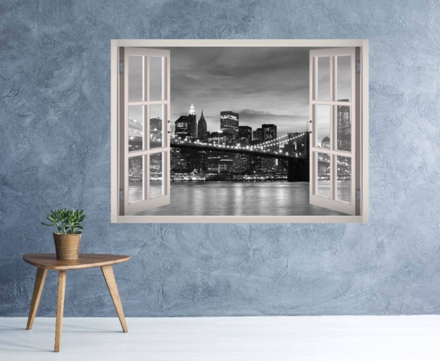 New York City Wall Decal - Nyc Art Brooklyn Bridge Skyline Buildings 3D Window Mural Frame Decor - image 1