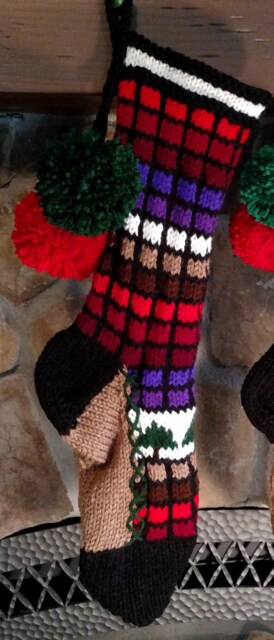 Hand Knit Christmas Stocking Stained Glass Style in Multi Red Purple Brown White Windowpane Check Pattern & Fir Tree Detail - image 1