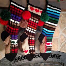 Hand Knit Christmas Stocking Stained Glass Style in Multi Red Purple Brown White Windowpane Check Pattern & Fir Tree Detail - thumbnail 4