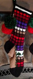 Hand Knit Christmas Stocking Stained Glass Style in Multi Red Purple Brown White Windowpane Check Pattern & Fir Tree Detail - thumbnail 1
