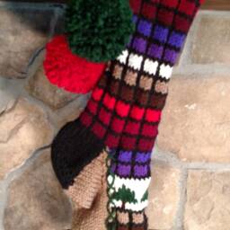 Hand Knit Christmas Stocking Stained Glass Style in Multi Red Purple Brown White Windowpane Check Pattern & Fir Tree Detail - thumbnail 2