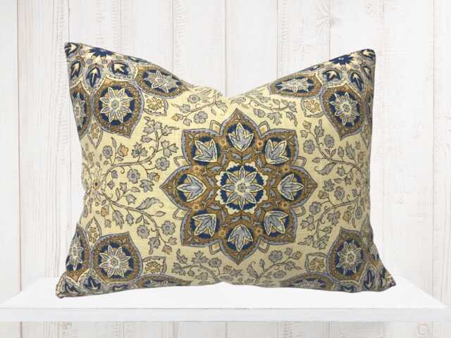 Blue Medallion Pillow Cover - Farmhouse Decor, Designer Fabric - image 1