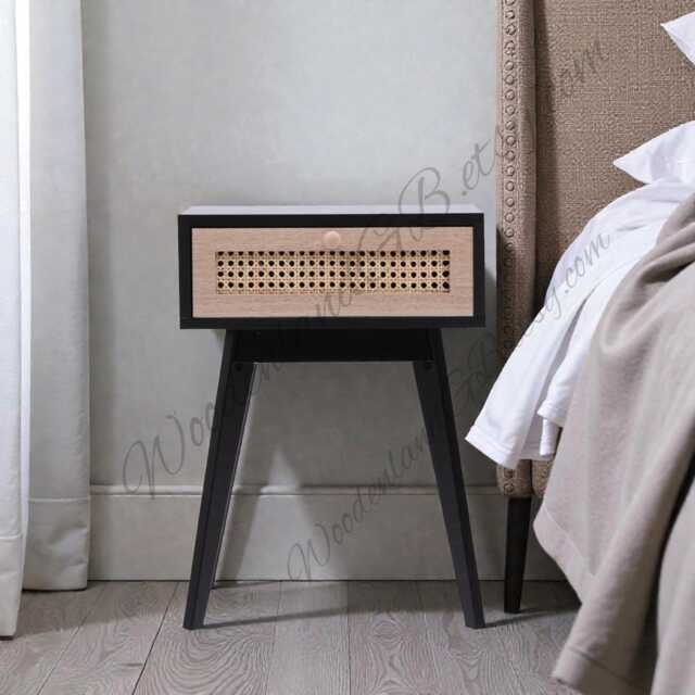 Modern Black Bedside Table With Drawer, Rattan Nightstand Small Side - image 1