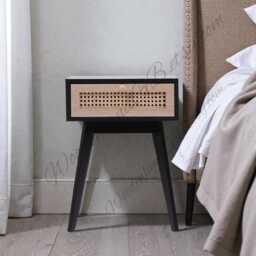 Modern Black Bedside Table With Drawer, Rattan Nightstand Small Side