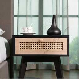 Modern Black Bedside Table With Drawer, Rattan Nightstand Small Side - thumbnail 3