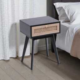 Modern Black Bedside Table With Drawer, Rattan Nightstand Small Side - thumbnail 2