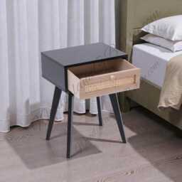 Modern Black Bedside Table With Drawer, Rattan Nightstand Small Side - thumbnail 4