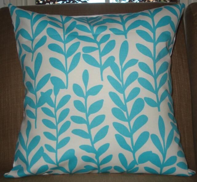 New 18x18 Inch Designer Handmade Pillow Cases in Bright Aqua Leaves On White