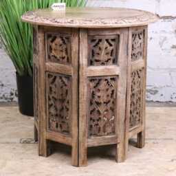 Jenari Large Mango Wood Side Table Leaf Carving - thumbnail 2
