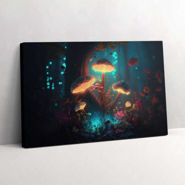 Forest & Magic Mushrooms Canvas, Wall Art Picture, Blue Decoration, Nature Canvas - image 1