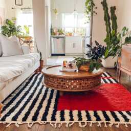 Black White Striped Red Moroccan Rug, Shag Berber Wool Area Hand Tufted Modern Boho Living Room Carpet - thumbnail 3