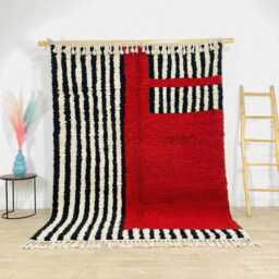 Black White Striped Red Moroccan Rug, Shag Berber Wool Area Hand Tufted Modern Boho Living Room Carpet - thumbnail 1