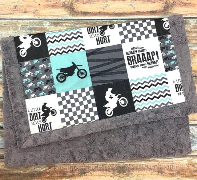 Motocross Minky Blanket - Personalized Faux Patchwork Motorcycle Dirt Bike Baby Motox - image 1