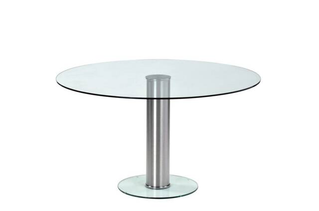 Platform Round Glass Dining Table - Satin Stainless Steel Leg