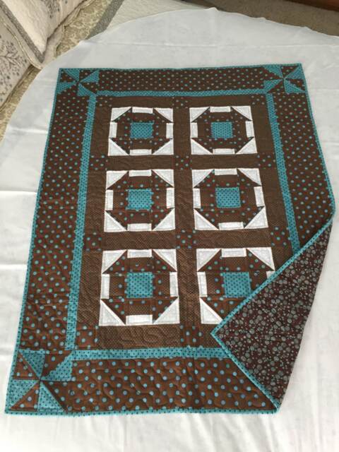 Turquoise & Brown Churn Dashed Quilt, Handmade, Quilt, Blanket, Turquoise, Brown, Polka Dots, White - image 1