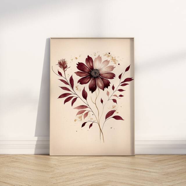 Burgundy Daisy Art Print Botanical Boho Floral Wall Decor - image 1