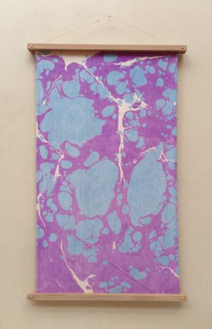 Hand Marbled Textile Wall Hanging, Unique, One Of A Kind, Mounted With Walnut Wood & Brass Fixtures