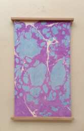 Hand Marbled Textile Wall Hanging, Unique, One Of A Kind, Mounted With Walnut Wood & Brass Fixtures