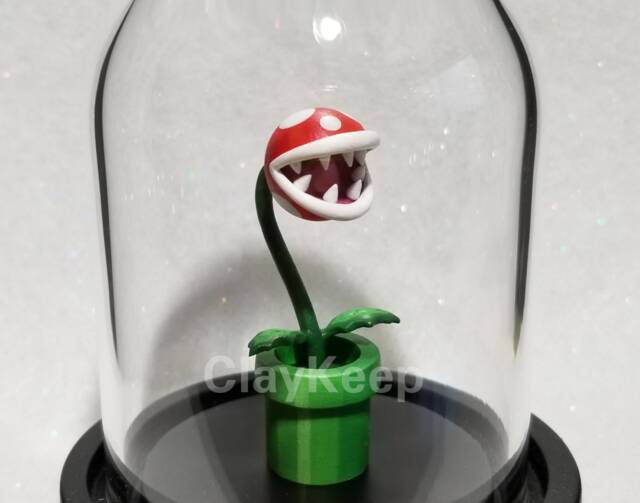 Piranha Plant Polymer Clay Diorama, Super Mario Miniature Figurine in Glass Dome - image 1