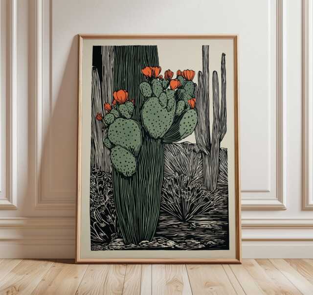 Cactus Flower Print, Desert Botanical Wall Art, Orange Bloom Poster, Southwestern Kitchen Decor - image 1