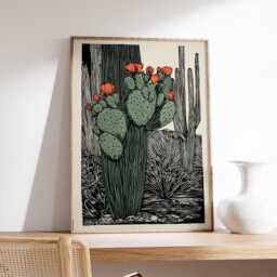 Cactus Flower Print, Desert Botanical Wall Art, Orange Bloom Poster, Southwestern Kitchen Decor - thumbnail 2