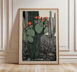 Cactus Flower Print, Desert Botanical Wall Art, Orange Bloom Poster, Southwestern Kitchen Decor - thumbnail 1