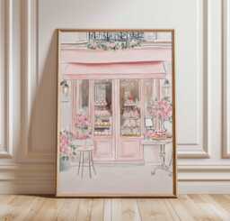 Paris Patisserie Poster French Caf?? Wall Art, Pink Bakery Illustration With Outdoor Table, Elegant Print For Kitchen Or Dining Room - thumbnail 1