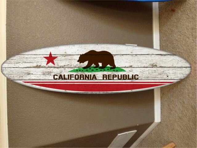 "Custom California Republic Surfboard Decor Beach House Wall Art - 48""x12"