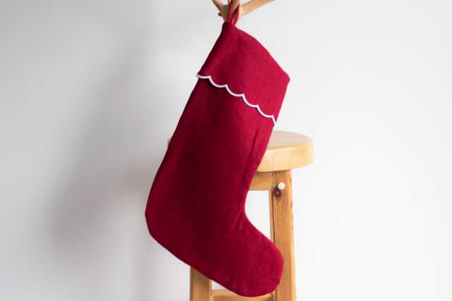 Red Linen Christmas Stocking - Holiday Stockings With Scalloped Edge Reusable Decor Custom Color Personalized - image 1