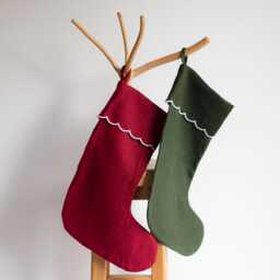 Red Linen Christmas Stocking - Holiday Stockings With Scalloped Edge Reusable Decor Custom Color Personalized - thumbnail 2