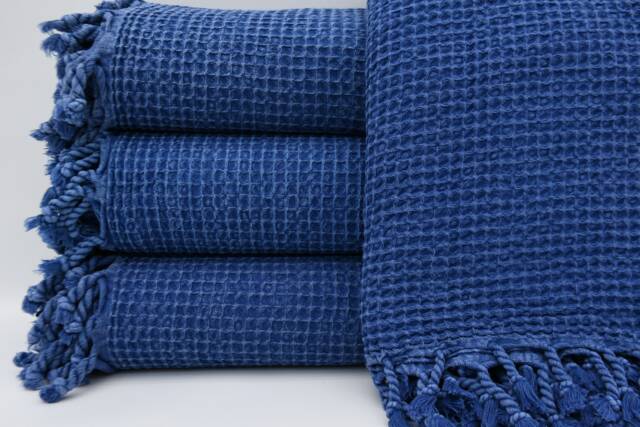 "Waffle Blanket, Turkish Bedspread, Waffle Bedspread, Stone Washed Blanket, Blue Blanket, 95""x67" - image 1