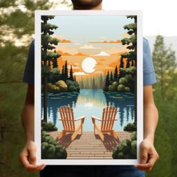 Vintage Adirondack Chairs, Rustic Home Decor, High-Quality Art Print, Minnesota Poster, Artist, Lake House Wall Art, Sunset - thumbnail 3